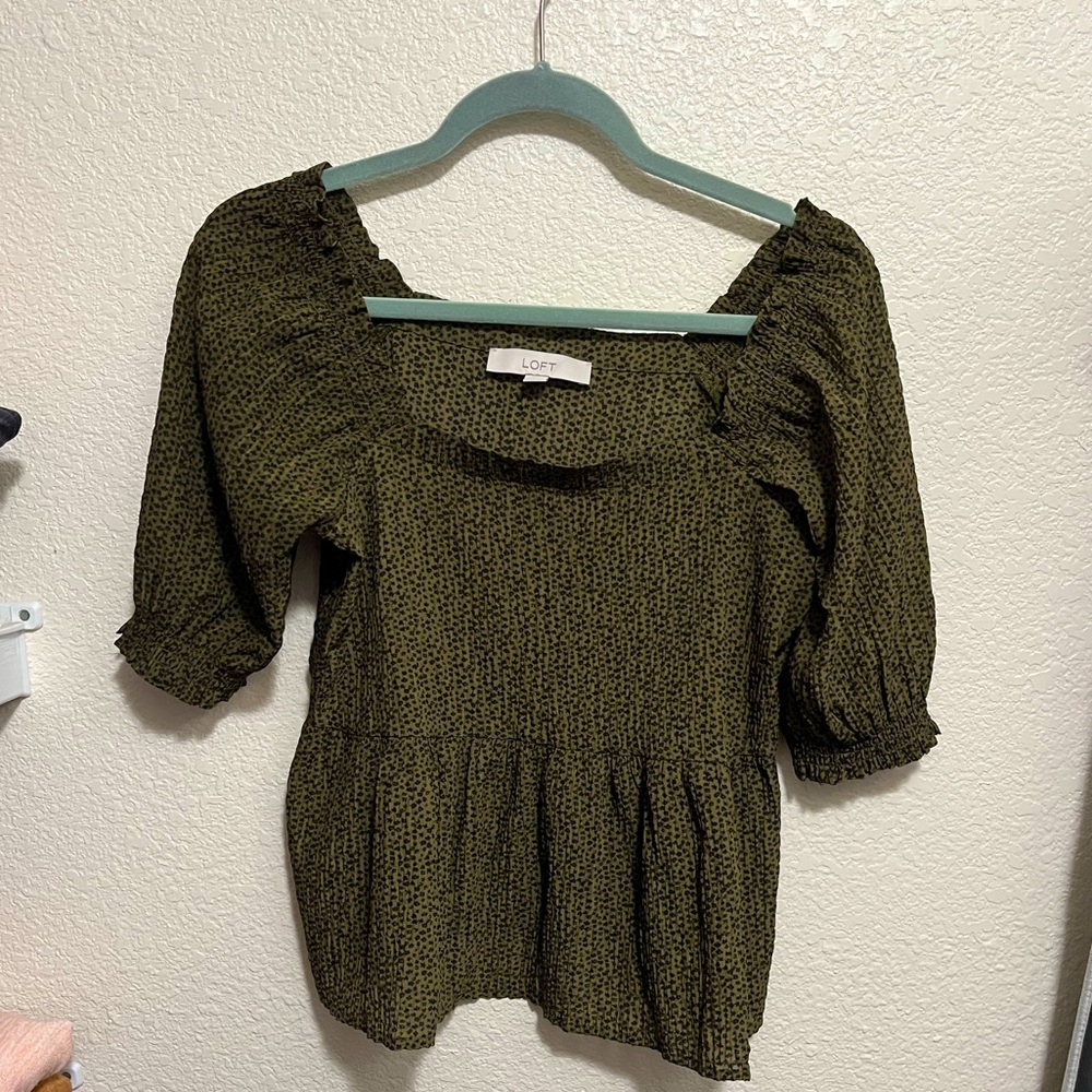 Loft Peplum Square Neck Dark Moss Green Leopard Print Blouse